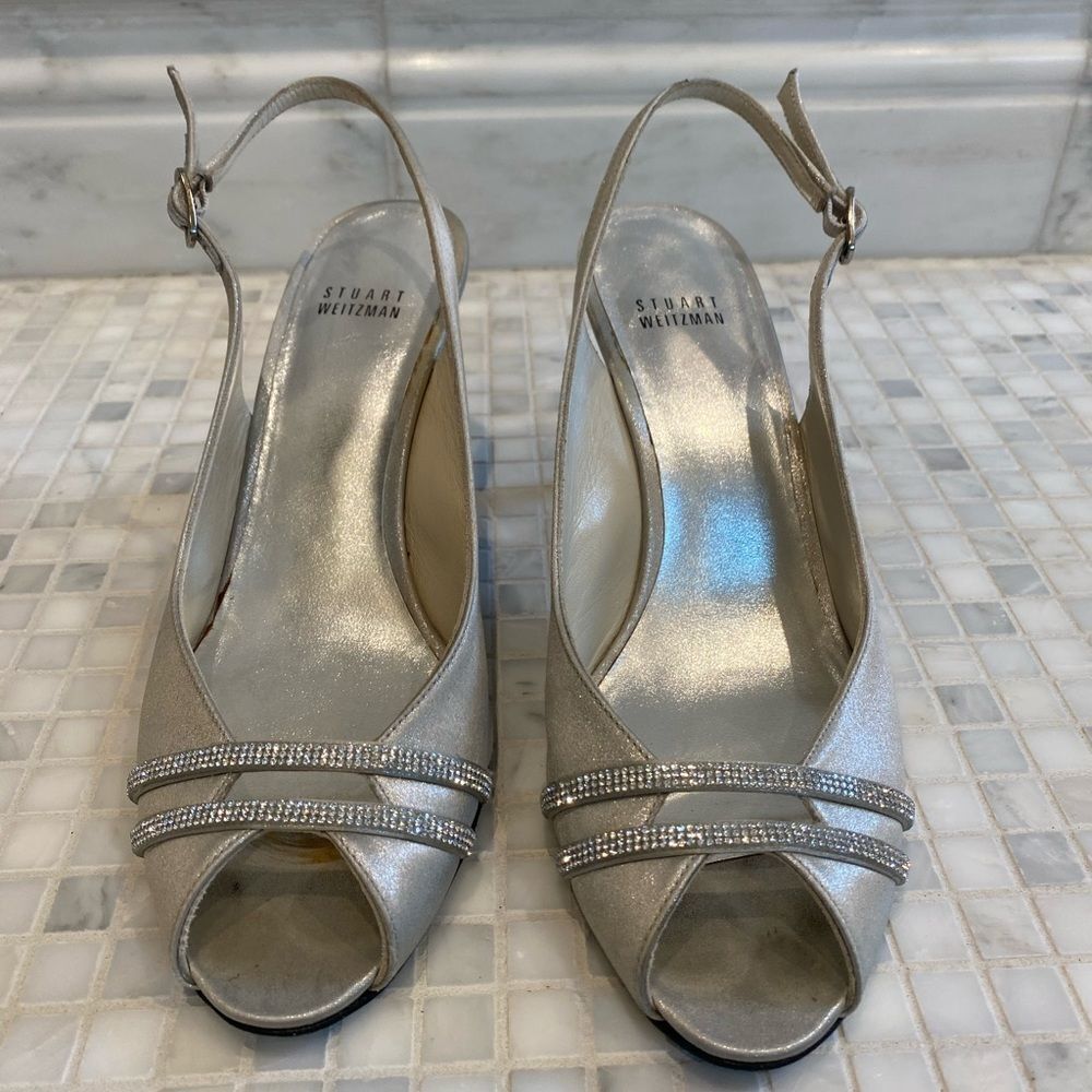 Stuart Weitzman Silver Slingback Heels with Sequin Straps - Picture 2 of 12